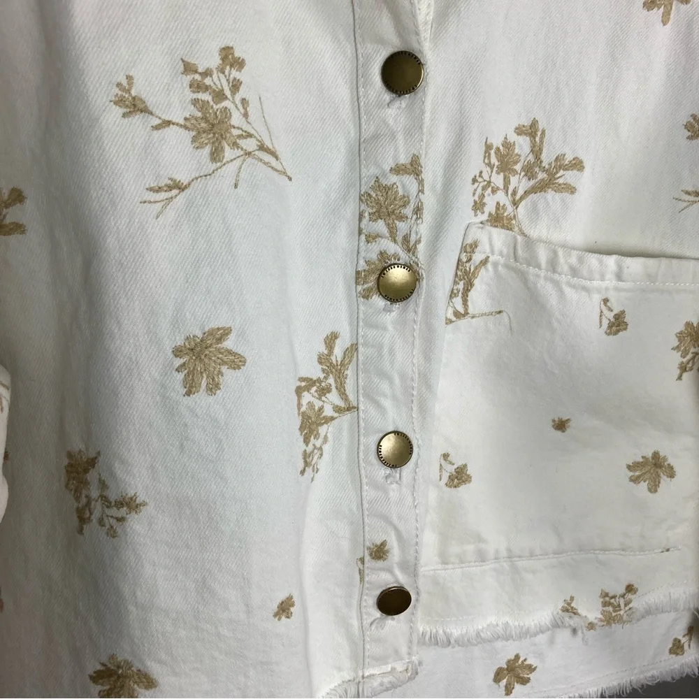 NEW Zara denim‎ jacket jean shirt white metallic floral embroidery extra small